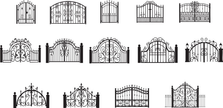 Wrought iron gate vector silhouette set with ornamental metal fences, forged steel entryways, decorative swirls, luxury architecture barriers, and classic doors