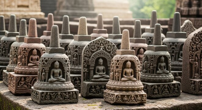 Ancient Buddhist Stupas with Buddha Statues in a Temple Complex.