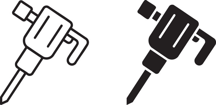 Jackhammer icon set, pneumatic drill construction vector illustration, heavy demolition machine tool, isolated black graphic outline silhouette element,