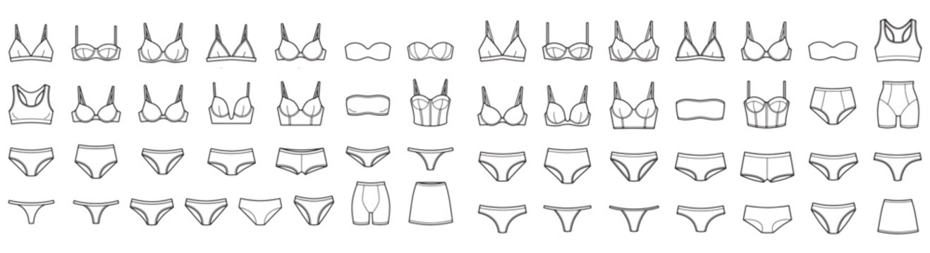 Lingerie Styles Fashion Flat Sketches &ndash; Bra and Panty Types Technical Set with Labels for Underwear Design and Apparel Vector Library