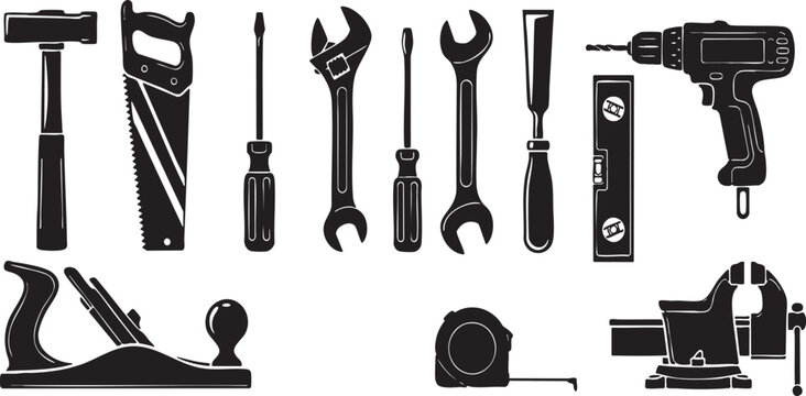 Hand tools set icon, carpentry industrial work vector illustration, hardware repair equipment, isolated black graphic silhouette element repairman collection,