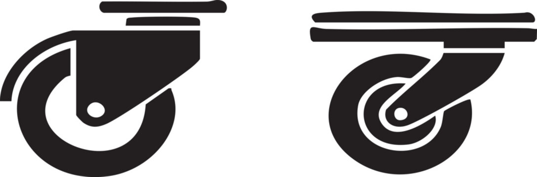 Black caster wheels set icon, heavy duty industrial trolley wheel, furniture swiveling hardware element, isolated equipment vector sign illustration,
