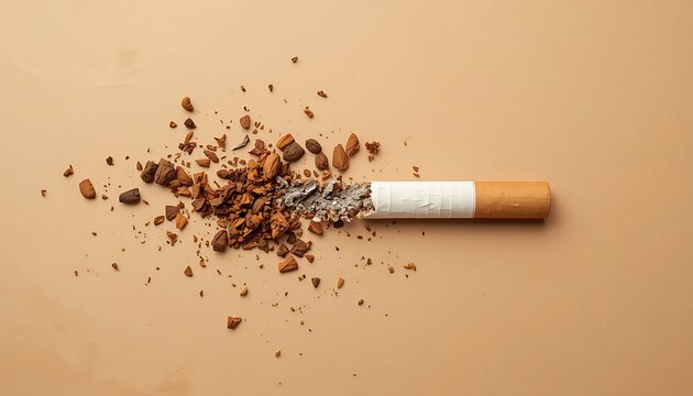 Broken cigarette with scattered tobacco on beige background. Smoking cessation and quitting concept. World no tobacco day.