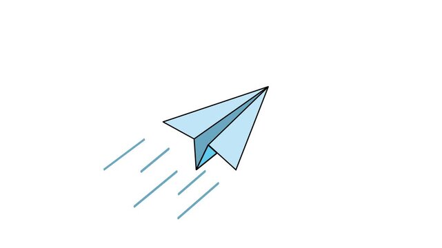 Seamless animation of a white paper airplane flying back and forth, leaving a soft light blue trail streak on a clean white background, ideal for business, education, and creative presentations.