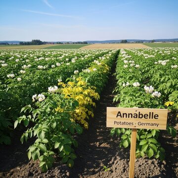 Annabelle Potato Field in Germany with Blooming Plants.