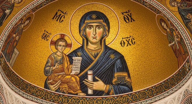 Ancient Byzantine Mosaic of the Virgin Mary Holding the Christ Child.