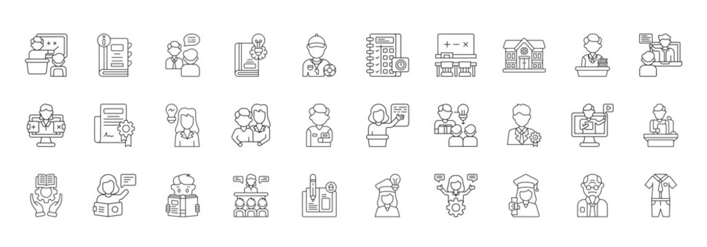 Teacher Icon set Collection in Line Style. education, school, student, coach, lesson, mentor, professor