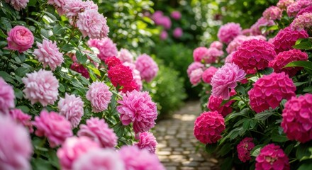 Obraz premium Beautiful pink and red hydrangeas blooming in a garden path.