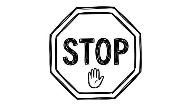 Hand-drawn stop sign with hand symbol, doodle style, white background