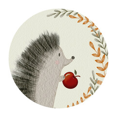 Watercolor hand drawn illustration of hedgehog with Isolated on white backdrop.  © Arina