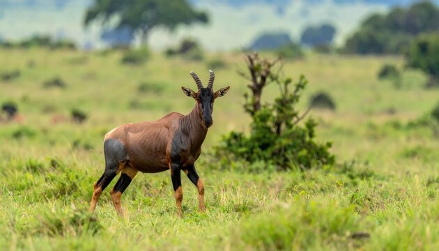A topi antelope stands in a grassy savanna, alert, looking at the camera