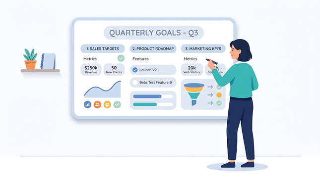Businesswoman planning quarterly goals on a whiteboard, tracking sales targets, product roadmap, and marketing kpis in a modern office setting