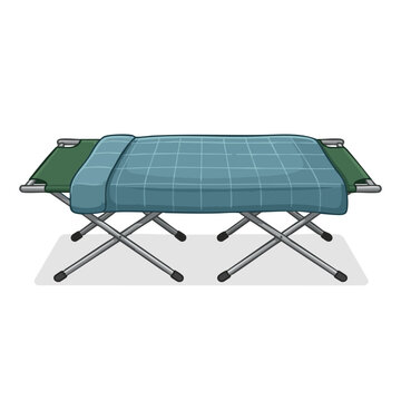 Camping cot with blue blanket isolated on white background