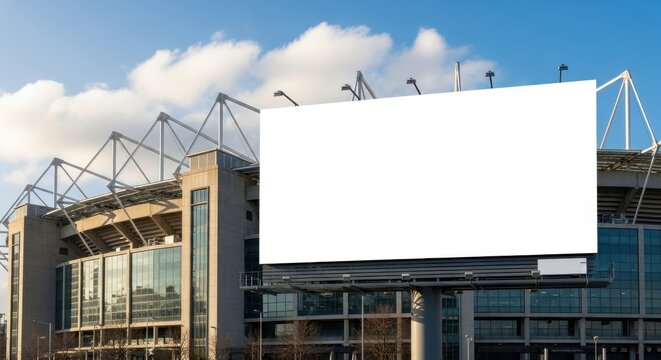 Blank Billboard Advertisement Outside Modern Sports Stadium Under Blue Sky.