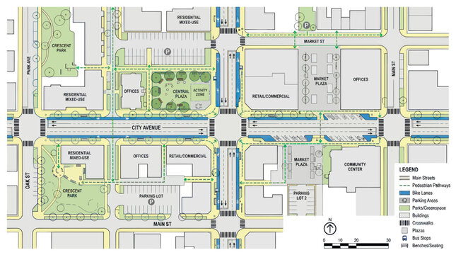 Urban planning map of a city street intersection with green spaces and pedestrian walkways