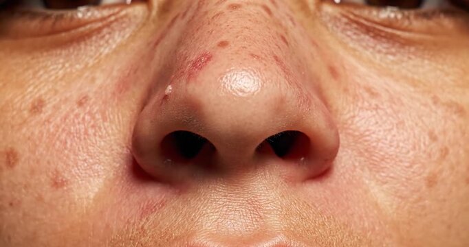 Close up view of human nose with skin redness and texture imperfections