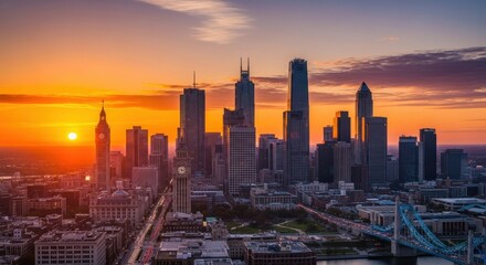 Fototapeta premium Cityscape at Sunset with Skyscrapers and Bridge.