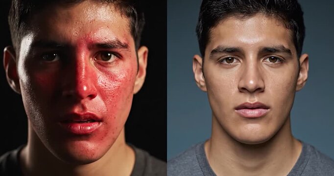 Comparison of a man with skin inflammation and healthy skin portrait