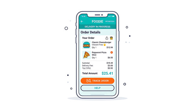 Mobile app interface showing food delivery order details with items like cheeseburger and pizza slice, tracking status, and total cost calculation