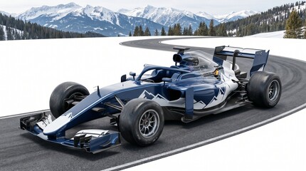 Naklejka premium High performance open wheel race car on winding alpine road in winter