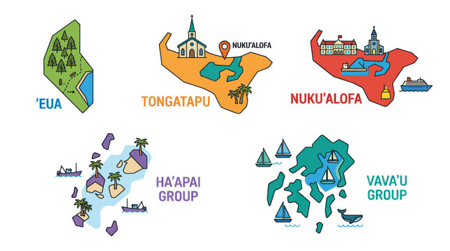 Tonga Islands Map Illustrations: Tongatapu, Vava'u, Ha'apai, 'Eua