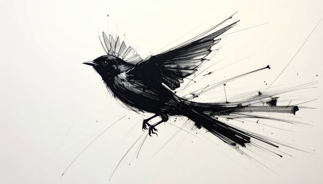 A monochrome illustration of a bird in flight, rendered with dynamic brushstrokes