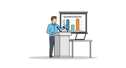 Fototapeta premium Professional businessman presenting quarterly results with financial bar chart at podium