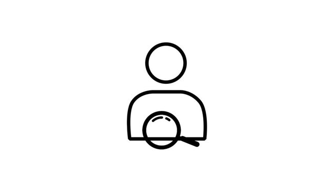 Animated line icon depicting a user profile character being analyzed through a magnifying glass for recruitment hiring processes.