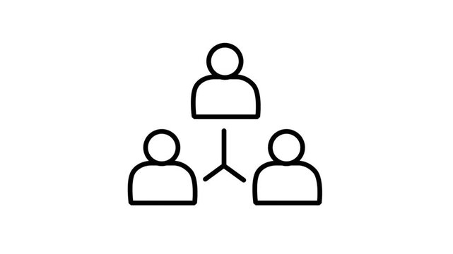 Animated line icon showcasing a standard organizational hierarchy chart structure connecting a leader profile to team member networks.