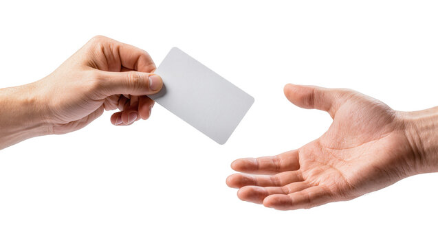 Isolated male hand giving blank white plastic card to another person's hand for identity