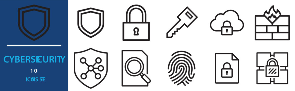 Modern Cybersecurity Geometric Line Icon Set for Digital Data Protection, Network Security, Information Privacy, and Online Safety UI UX Design Assets