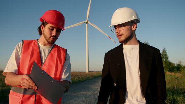 Two men in hardhats walk along road near wind turbines, worker in orange vest holds project folder, discussing project under supervision