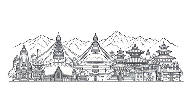 Kathmandu Skyline Drawing: Boudhanath Stupa, Temples, Mountains - Nepal