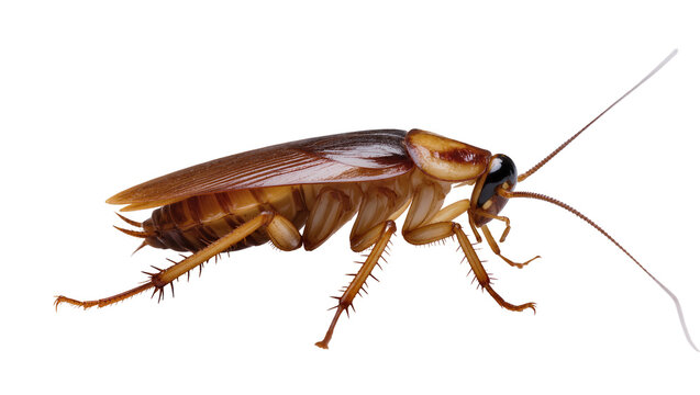 Isolated creepy brown tropical cockroach pest, a common household insect in profile view.