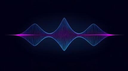 Naklejka premium 3D neon blue and purple glowing sound wave frequency spectrum equalizer visualization over a dark background for digital audio concepts.