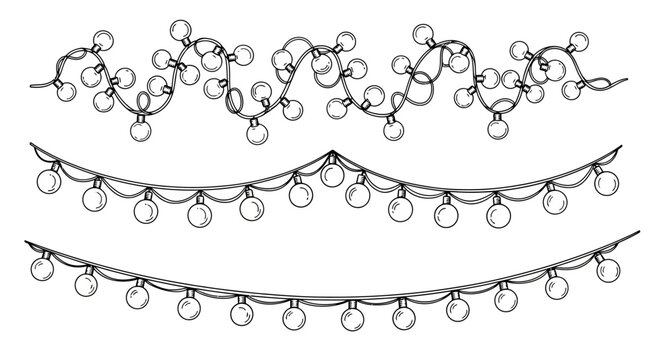 Christmas string lights, festive holiday decorations, vector icons, black and white illustrations, garland set