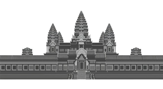 Khmer temple, ancient architecture, stone structure, vector illustration, gray scale