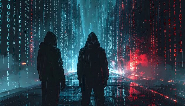 Mysterious Hooded Figures Standing in Neon Digital Data Corridor at Night