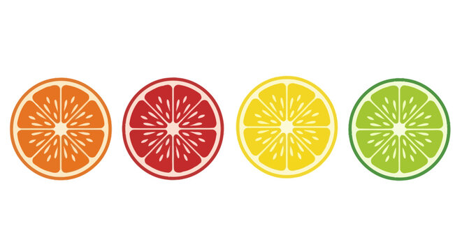 Citrus fruit icons, orange, grapefruit, lemon, lime slices, colorful vector graphics