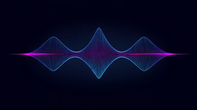 3D neon blue and purple glowing sound wave frequency spectrum equalizer visualization over a dark background for digital audio concepts.