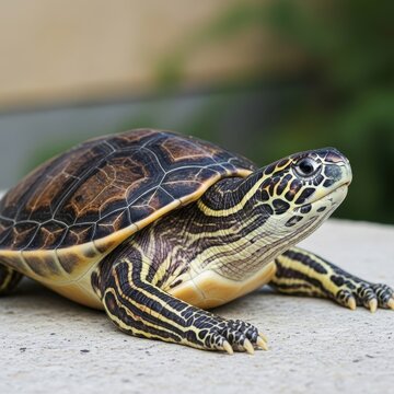 Close up of a turtle with intricate shell patterns and yellow stripes on its skin.