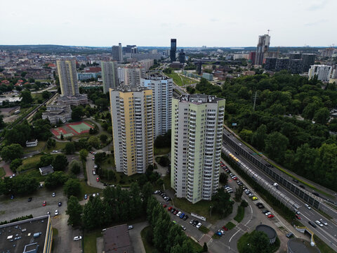 Aerial panoramic view of Katowice city with the iconic Gwiazdy residential district and highway, Poland.