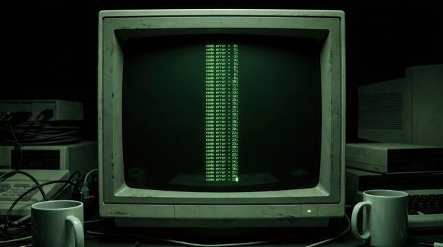 An old computer monitor displays green code on a dark background surrounded by coffee cups and computer equipment.