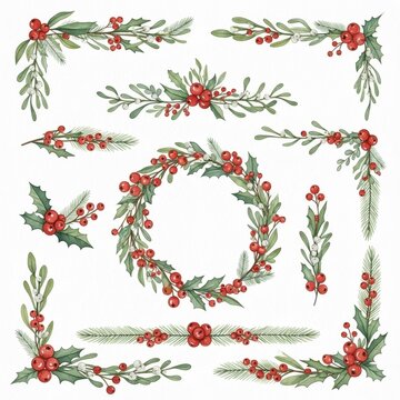 Christmas Wreath and Decorative Elements with Holly Berries and Greenery.