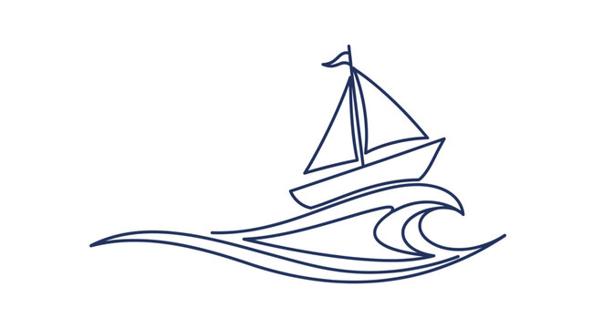 Minimalist Line Art Sailboat Sailing on Ocean Waves