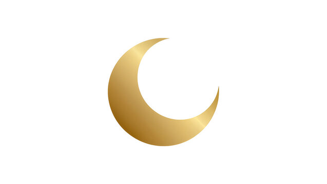 Isolated elegant golden crescent moon shape, glossy metallic symbol of divinity and Islam.