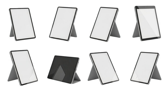 eight tablets angled against white background display options designed for mockups and presentations