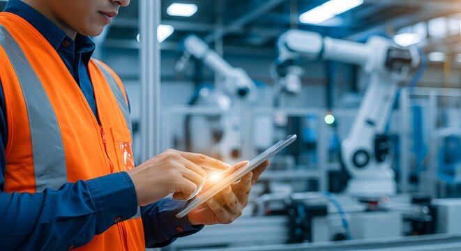 Engineer using digital tablet to control robotic arms in automated factory.