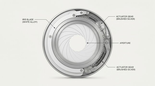 Detailed diagram of a camera lens aperture showing iris blade, actuator gear, and aperture mechanism.