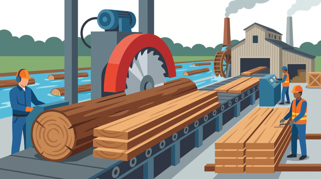 Lumber Mill Sawing Large Timber Logs into Planks